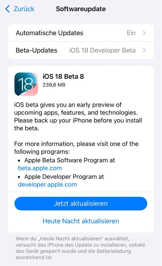 离石苹果手机维修分享苹果 iOS / iPadOS 18 开发者预览版 Beta 8 发布 